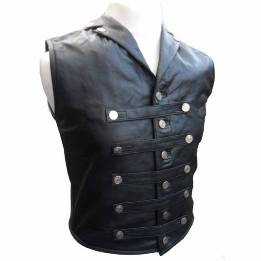 Front angle of a men's black Nappa leather corset vest with military-style silver buttons and horizontal strap closures.