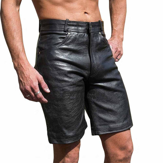 Front view of men's black genuine leather Bermuda shorts featuring 5-pocket jeans styling, metallic button waist closure, and knee-length cut.