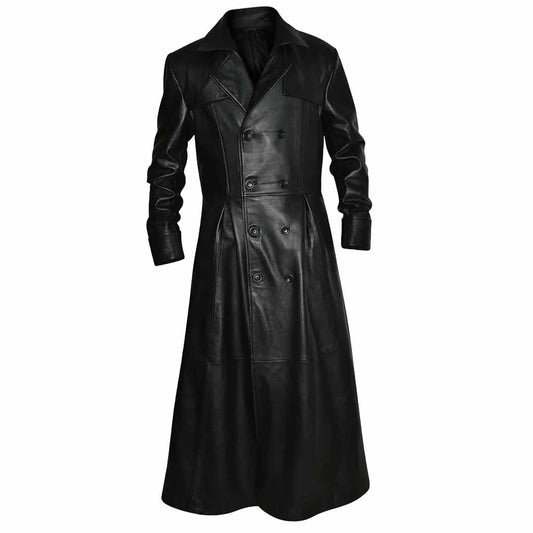Front view of a men's black full-length cowhide leather trench coat with double-breasted buttons closed.