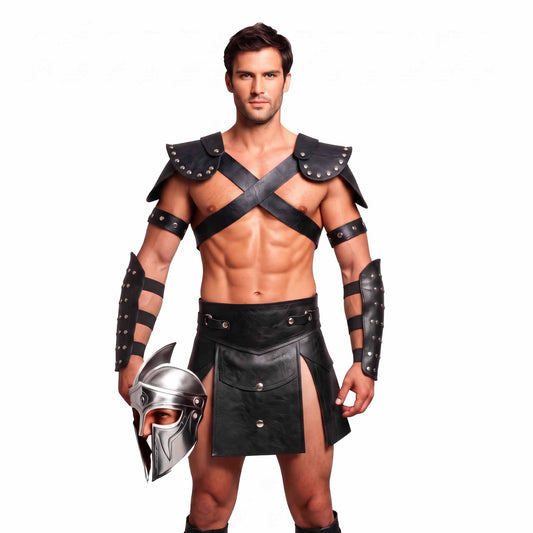 Mens Black Leather Gladiator Costume Historical Reenactment Armor Kilt Set Roman Warrior LARP