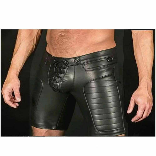 Front view of men's black real leather rugby sports shorts with lace-up front closure and 3D foam-padded thigh panels.