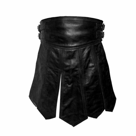 Mens Black Real Leather Kilt Sexy Gladiator Costume Gay Club Wear LARP Kilts