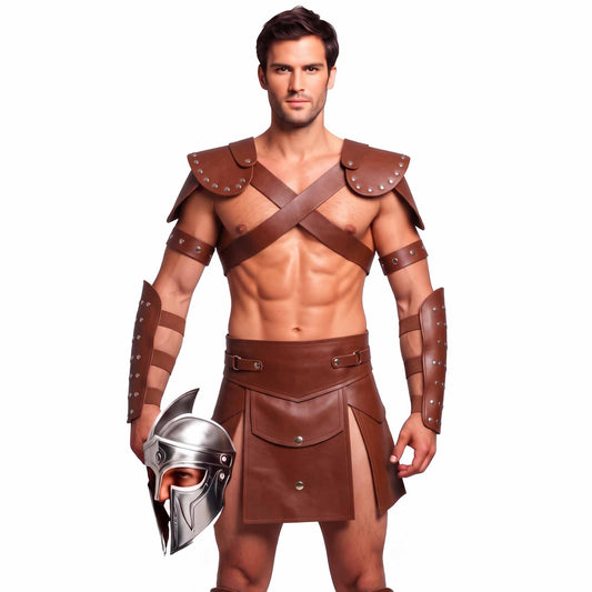 Mens Brown Leather Gladiator Costume Historical Reenactment Armor Kilt Set Roman Warrior LARP
