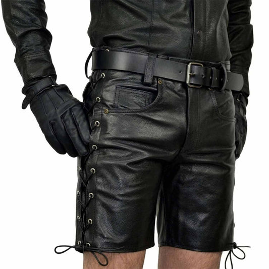 Mens Handmade Black Genuine Leather Shorts Side Laces Shorts Party Wear Shorts