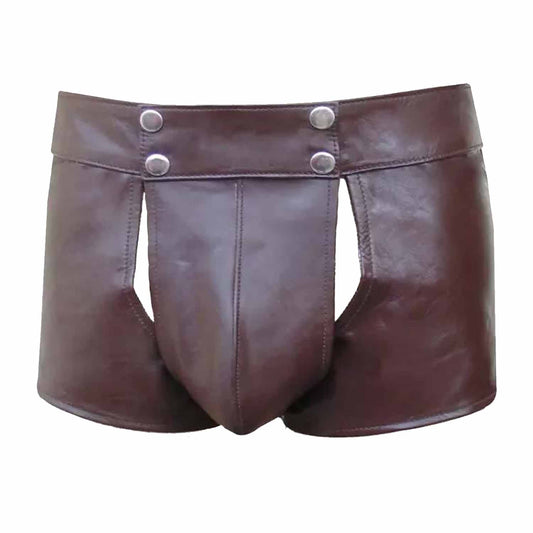 Mens Real Brown Leather Short With Detachable Front Pouch Codpiece Front opening Gay Shorts