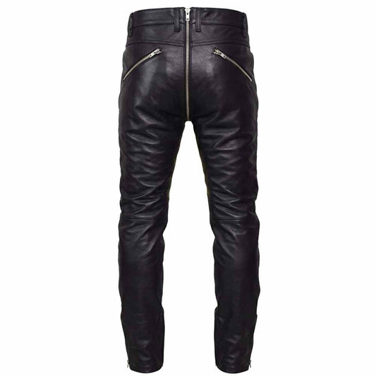 Back view of men's black leather biker pants showing the continuous silver zipper extending up the rear crotch seam and zipper pockets.