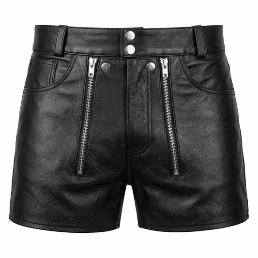 Black leather shorts with silver zipper details on the front, set against a light gray background.