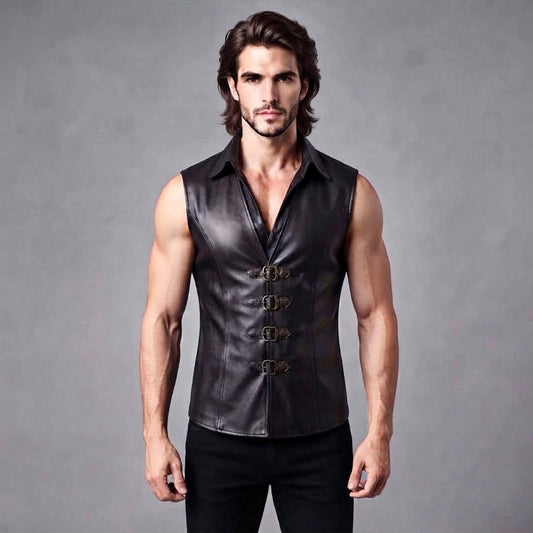 Front view of the black sleeveless leather shirt vest worn alone, displaying its front buckle closures and tailored collar.