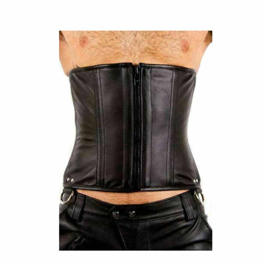 Front view of men's real black leather steel-boned corset cincher featuring front zip closure and waist D-rings.