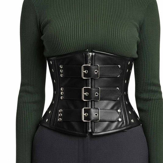 Front view of a model wearing a black genuine leather underbust corset with silver zipper and three front buckles over a dark green sweater.