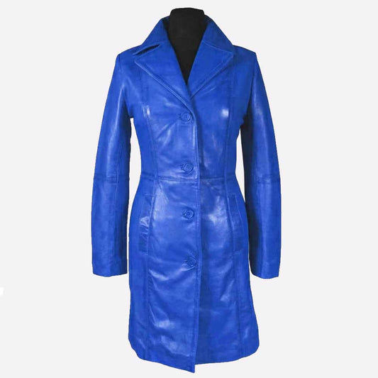 Womens Blue Beautiful LAMBS LEATHER Ladies Steampunk GOTH Style Trench Coat T16