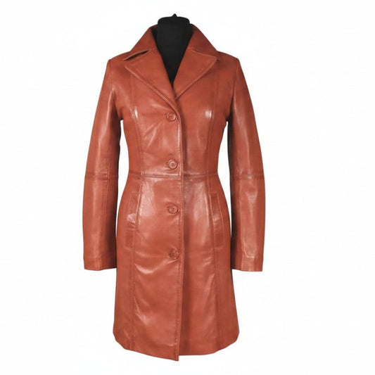 A brown leather coat displayed on a black mannequin torso against a plain white background. A circular leather brand watermark is visible on the lower front of the coat.