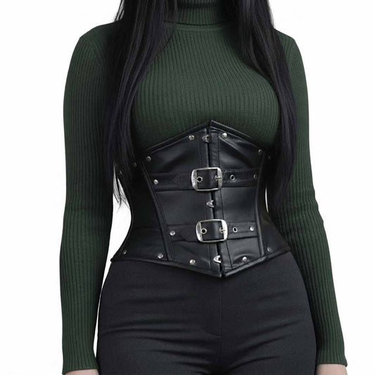 Front view of a model wearing a black genuine cowhide leather underbust corset belt with two silver buckles over a dark green sweater.