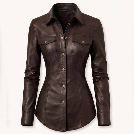 Front view of a tailored dark chocolate brown real sheepskin leather shirt featuring metallic buttons and dual flap chest pockets.