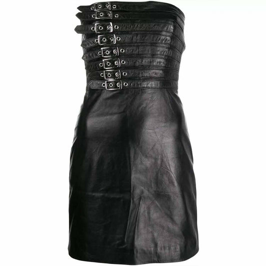Front view of a strapless black leather mini dress showcasing stacked adjustable silver metal buckles across the bust area.