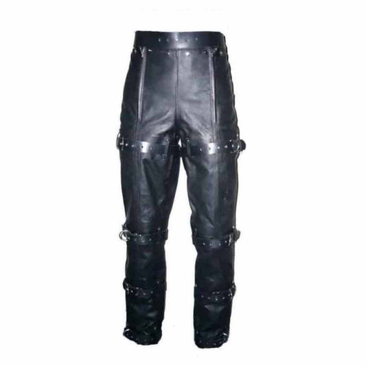 Mens Black Cowhide Leather Locking Bondage Chastity Jeans With Rear Zip CJ