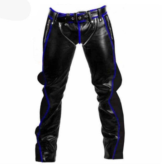 Black leather motorcycle pants with bright blue piping and trim details, shown against a plain white background.