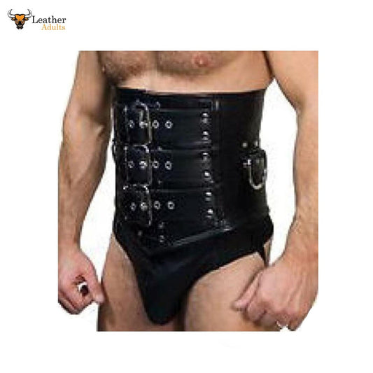 A man wearing a black leather corset with steel boning and front and rear lacing.