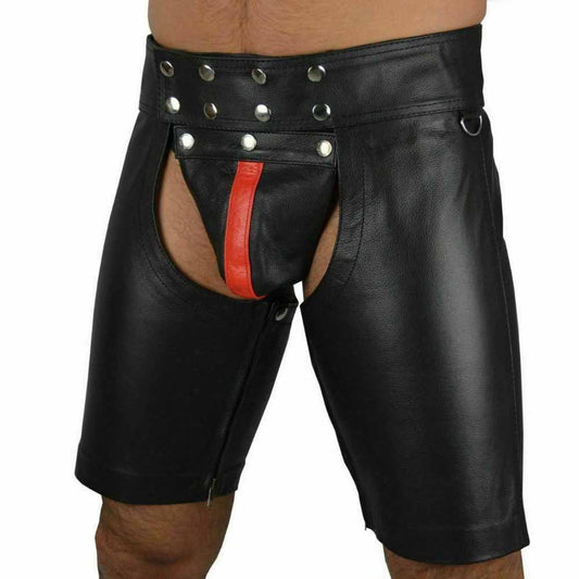 Men's Black Real Cowhide Leather Chaps Shorts Leather Chaps Shorts with Red Stripe