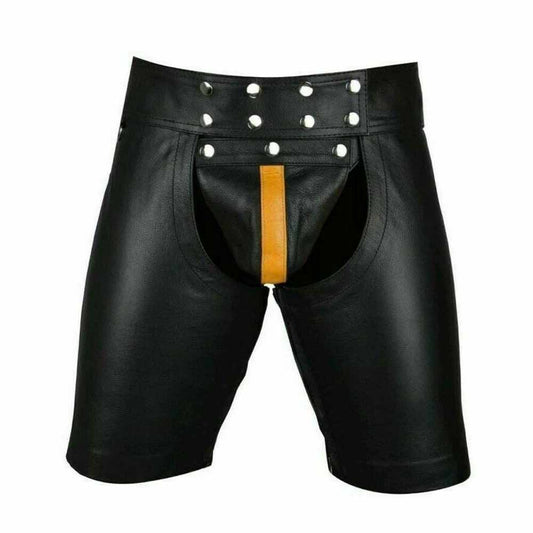 Men's Black Real Cowhide Leather Chaps Shorts Leather Chaps Shorts with Yellow Stripe