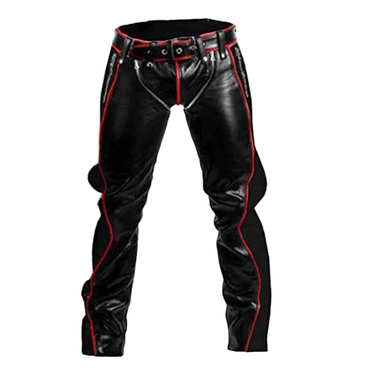 Herren-Bondage-Jeans aus schwarzem Rindsleder mit roten Paspeln. BLUF-Lederreithose