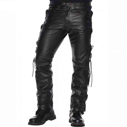 Black leather pants with lace-up details on a white background