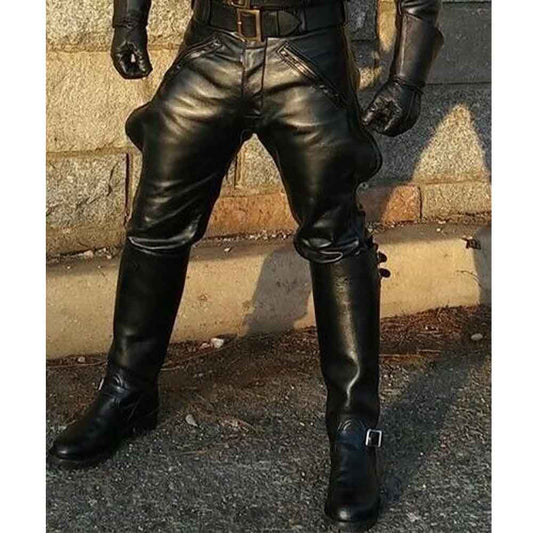 Mens Black Genuine Soft Cowhide Leather Breeches BLUF Pants