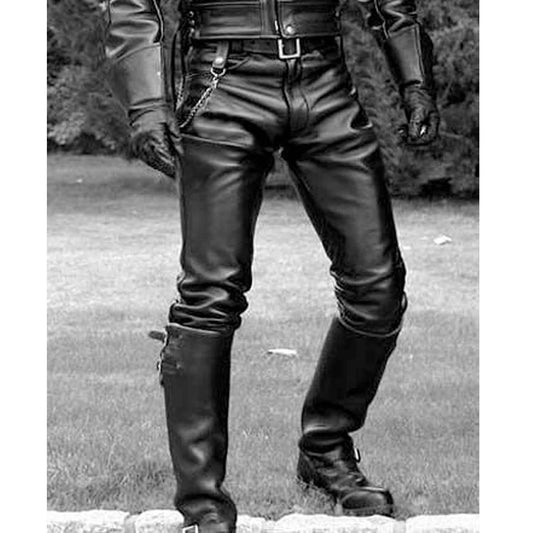 Men's Black Real Cowhide Leather Slim BLUF Breeches Trousers Pants Bikers Jeans Leder Breeches