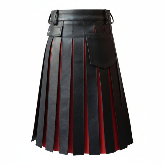 Mens Black and Red Real Leather Gladiator Pleated Utility Kilt Flat Front Pocket Wrap