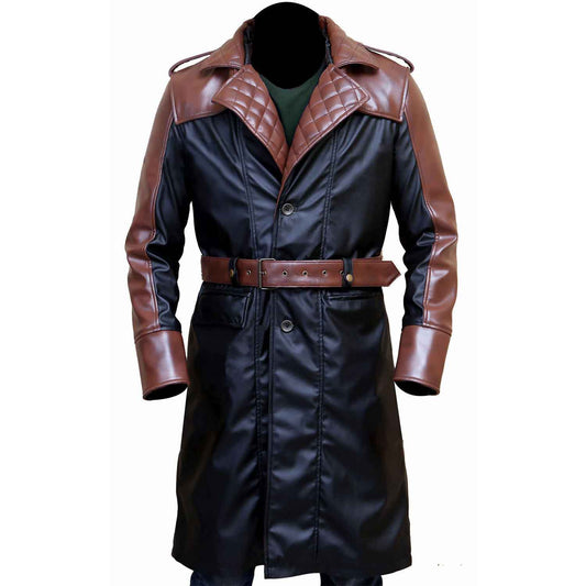 Front view of a men's brown and black genuine cowhide leather steampunk trench coat featuring quilted lapels and a buckled waist belt.