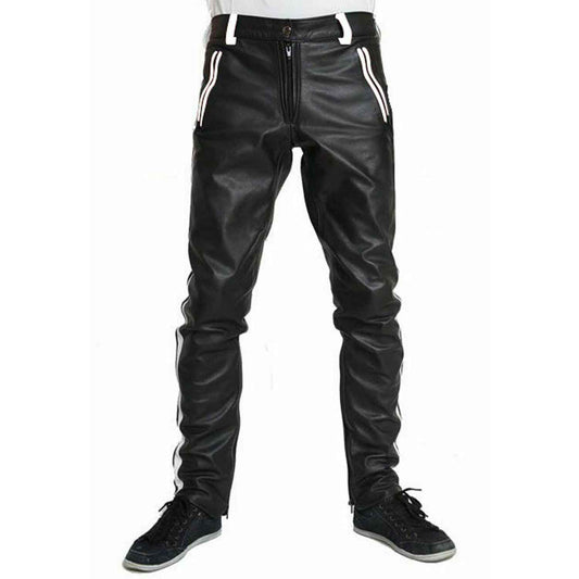 Black leather pants with white stripes on a white background