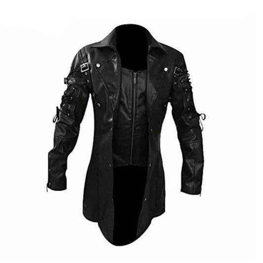 Full front view of a men's black soft leather Matrix steampunk coat showing open lapels and central front zipper closure.