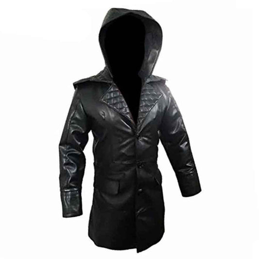 Front view of a men's black real cowhide leather Matrix gothic trench coat featuring diamond quilted lapels, front button closure, and a leather hood.