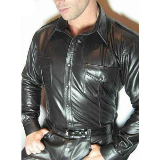 Men's Real Cowhide Leather Police Uniform Shirt Short Sleeve BLUF Shirt