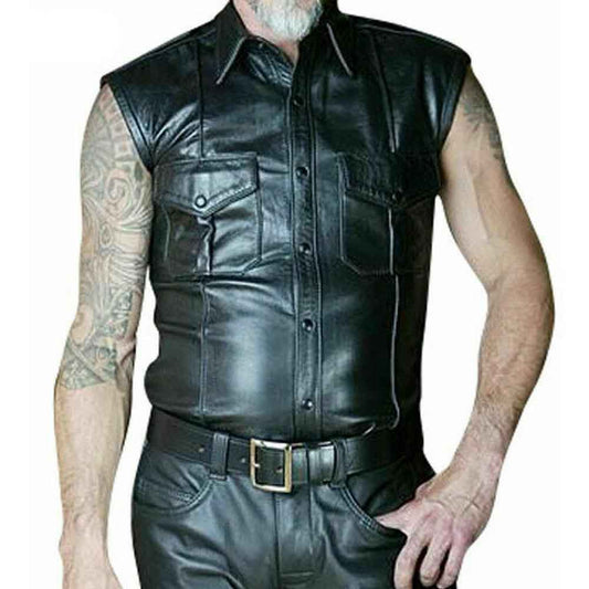 Men's Real Cowhide Leather Police Uniform Short Sleeve Shirt IN 5 COLORS Piping