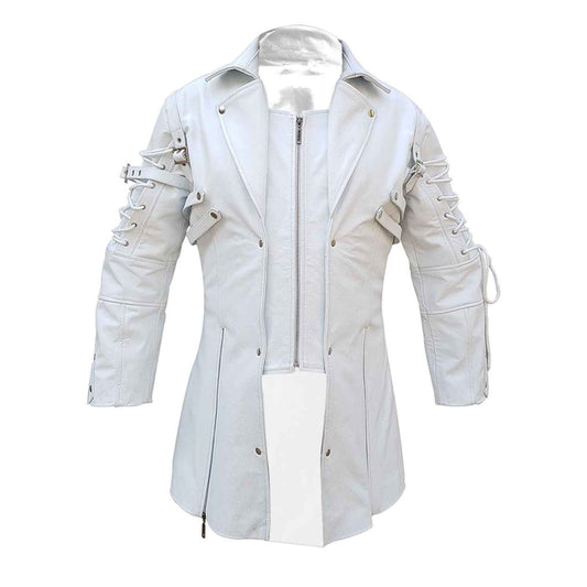 Full front view of a men's white soft leather Matrix gothic coat showing the inner zip-up panel, outer snap lapels, and black lining.
