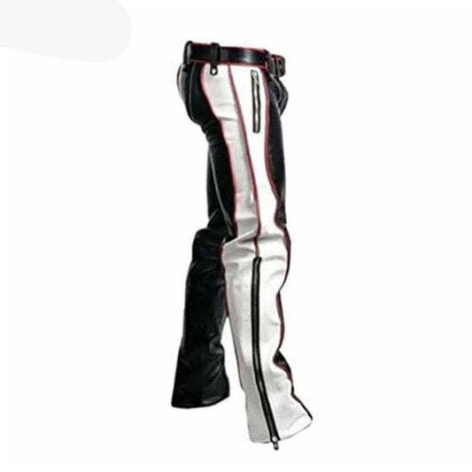 Schwarze Herren-Bondage-Jeans aus echtem Rindsleder, rote und weiße Kontrast-BLUF-Reithose