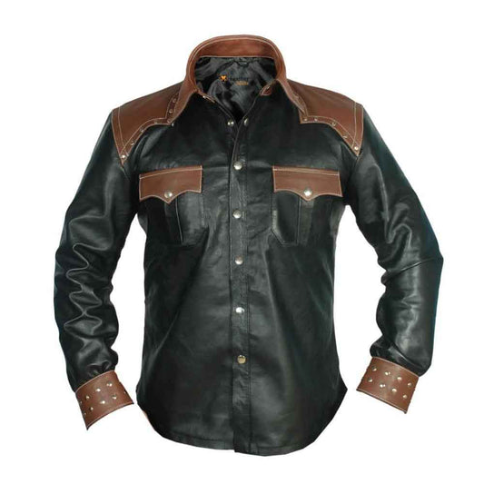 REAL LEATHER Mens Long Sleeve Black Cowboy Western Style Shirt BLUF