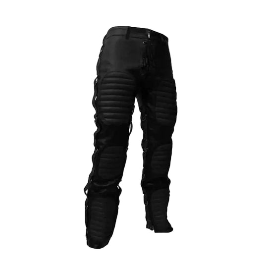 Black protective motocross pants with integrated knee and shin guards, side lacing, and a zippered rear, shown on a plain white background.