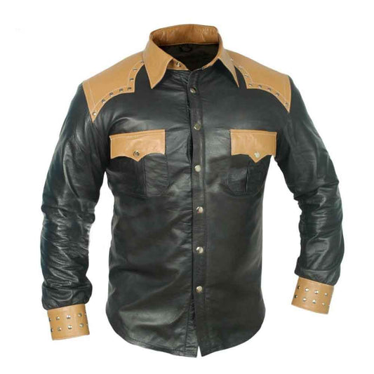 Real Leather Mens Long Sleeve Black and Tan Cowboy Police Western Style Shirt