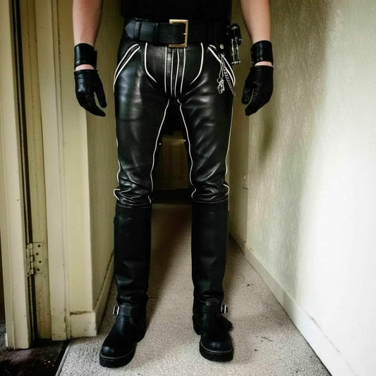 Men's Real Cowhide Leather Double Zip GAY Pants Trousers Bikers Jeans