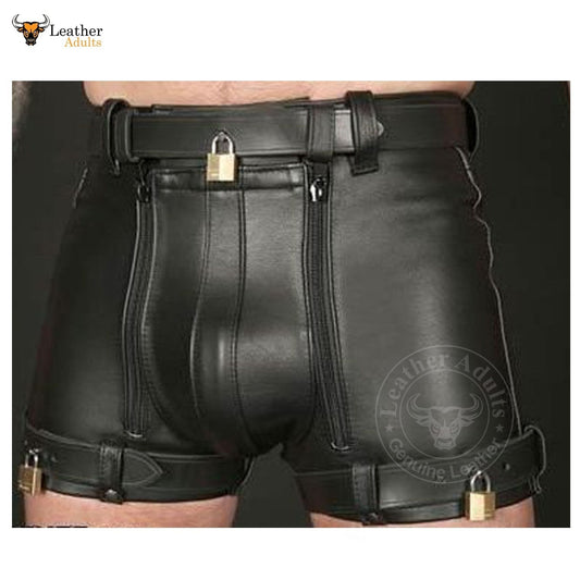 A pair of men's real cowhide leather chastity shorts in black, featuring double zippers and lockable zippers system. The image shows the shorts with a belt and padlocks, highlighting the secure fit and detailed craftsmanship.