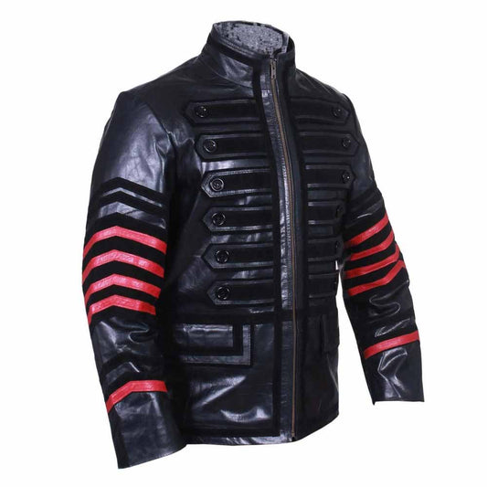 Men's REAL Cowhide LEATHER Black and Red Steampunk Jacket Military Tunic Jackets