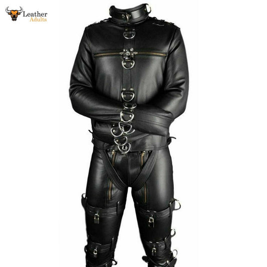 A black leather straightjacket with silver rivets and buckles, featuring a standing collar and sleeve cuffs. The jacket is designed for bondage and restraint, with multiple D-rings and lacing for secure fastening.