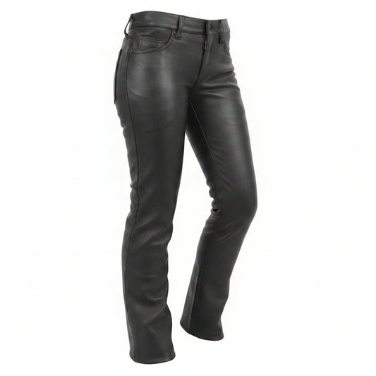 Womens Black Genuine Cowhide Leather Five Pockets Bikers Trousers Breeches Pants
