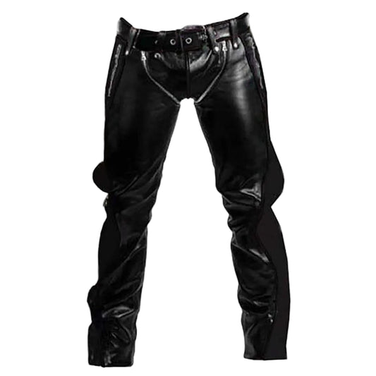 A pair of men's black cowhide leather bondage jeans with belt loops, side zipper pockets, and a front closure with press studs and two parallel zippers.