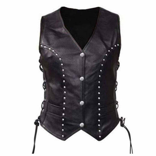 Womens Soft Leather Waistcoat Vest With Detailed Side Lacing Biker Style Vest