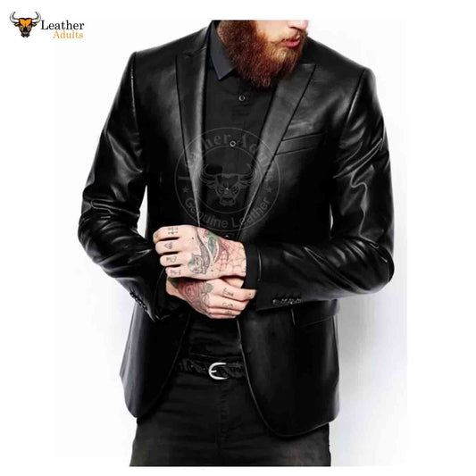 Mens Black Two Button Pure Lambskin Leather Blazer Slim Fit Coat