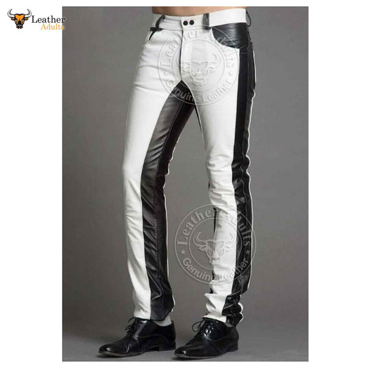 Mens Handmade White and Black Sheep NAPPA Leather Motorcycle Pants Trousers Jeans