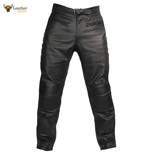 A pair of men's black real cowhide leather bikers trousers with a zip and button closure, featuring external pockets and padded knees.